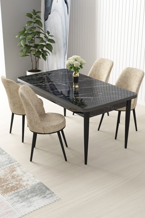 Hanah Home Juego de Mesa y Sillas de Comedor Negro Mármol y Crema 5 Piezas